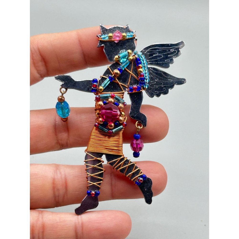 Vintage LIZTECH Woodland Sprite Brooch Angel Fairy Pin Winged Mirrored Handwired - Picture 3 of 5